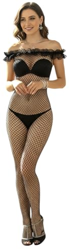 Image of ToBeInStyle Women's Bodystocking Crotchless Peek-A-Boo Fishnet Lace Bodysuit