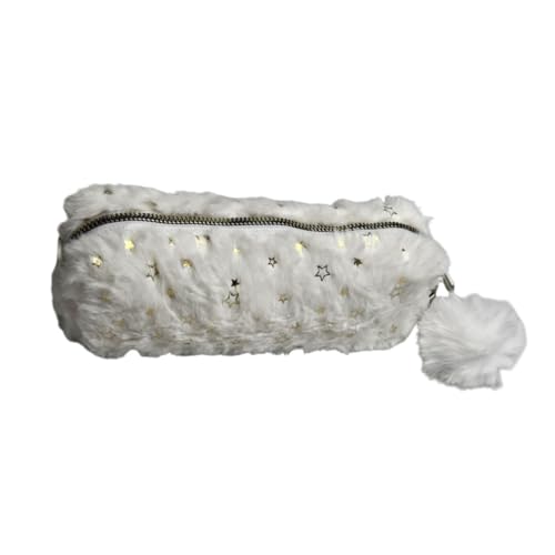 Estojo Escolar Pelúcia Branco Glitter Estrelas Fofo Pompom