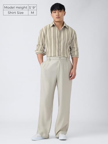Image of The Souled Store: Echo Men and Boys Long Sleeve Spread Collar Beige and Blue Striped Regular Fit Casual Easy to Wear Summer Ready Lightweight Cotton Linen Shirt