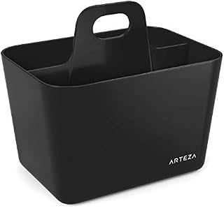 ARTEZA Storage Caddy with Handle, 15 x 11 x 13.5 cm, Plastic, 3-Compartment Mini Caddy Organiser, Stackable Design with Divider Partitions, for Makeup and Art Supplies