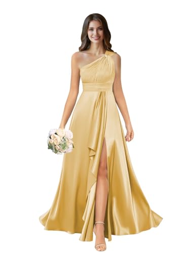 One Shoulder Bridesmaid Dresses for Women Satin Formal Dress Long Ruffle A Line Pleated Evening Gown