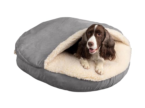Snoozer Cozy Cave Dog Bed - Indoor Dog Bed with Cover Cave Covered Calming Burrow for Small Sized Pets with Blanket Attached Enclosed Removable Washable Cover - Small Heather Gray