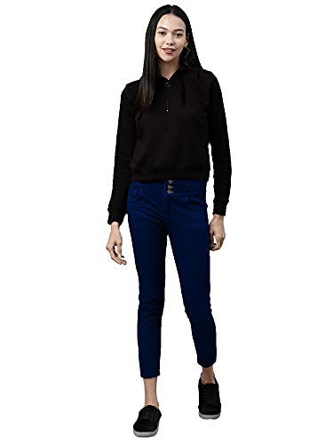 Image of Maniac Women's Solid Round Neck Full Sleeve Black Zip Cotton Sweatshirt