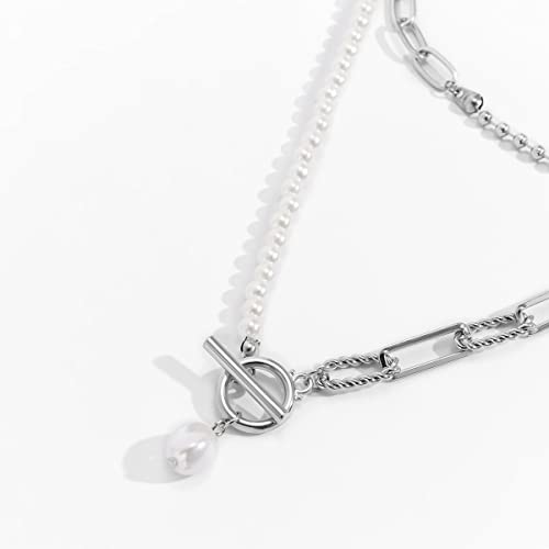Bethynas Dainty Silver Layered Baroque Pearl OT Clasp Necklace Stacking Beaded Ball Chain Paperclip Pearl Chain Retro Necklace for Women4