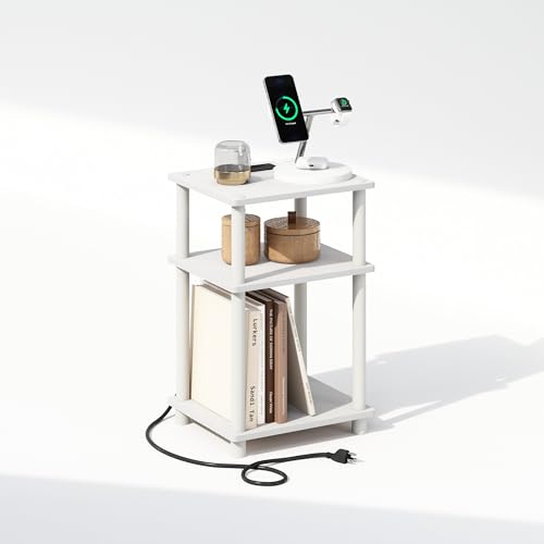 Image of Furinno JUST Night Stand, 3-Tier Turn-N-Tube Nightstand with Charging Station, Bedside Table, End Table, Side Table with USB and Type-C Port, for Bedroom, Closet, Dorm, White