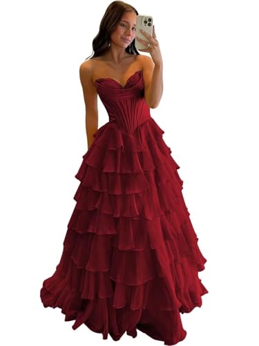 FoinLuve Ruffle Prom Dress Corset Tiered 2026 Strapless Long Chiffon Formal Evening Gown with Slit...