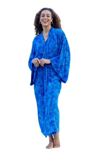 NOVICA Artisan Handcrafted Rayon Batik Robe Long Tie Dyed from Bali Clothing Blue Printed Indonesia ' Misty Ocean'