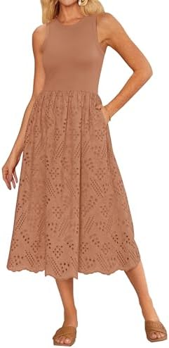 GRACE KARIN Women's Summer Sleeveless Tank Dress A Line Midi Dress Eyelet Crewneck Casual Holiday Dress with Pockets