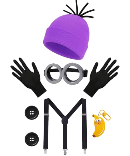 Anjite Purple Villain-Style Cartoon Costume Accessories for Adults Funny Animated Character Kit with Beanie Goggles Gloves Suspenders Buttons Banana Keychain for Halloween Cosplay AJ070
