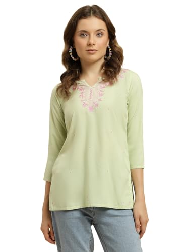 Image of QAZMI Short Kurti for Women| Embroidered Pashmina Straight Rayon Cotton Kurta | Women's Tunic Tops