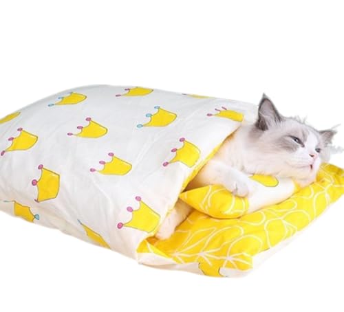 猫ベッド 猫用寝袋 犬 猫 ペットベッド 冬用 寒さ対策 保温防寒 猫布団 猫 ベッド 犬 ベッド ペット ベッド 猫 ふとん クッションキャットハウス 猫寝床 ペット用品 ベッド型 ねこ いぬ 布団 暖かい 枕付き (イエロー,M)