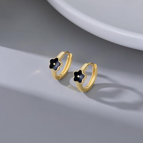 SLUYNZ Solid 925 Sterling Silver Black Flower Earrings Hoop for Women Teens Small Flower Hoop Earrings Huggie4