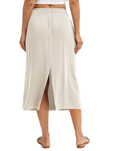 Women's Linen Blend Midi Skirt Reversible Front-Back Slit Design with Side Pockets2