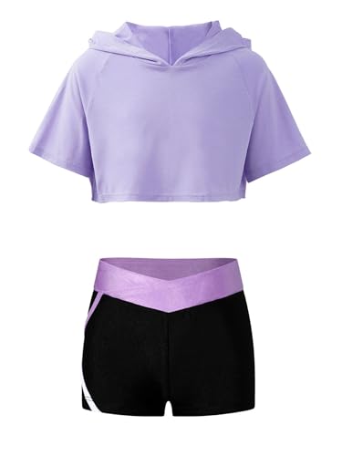 Sport Workout Dance Outfits For Kids Girls Short Sleeve Hooded Crop Top Tees And Color Block Shorts Set Activewear A Lavender 16 Years