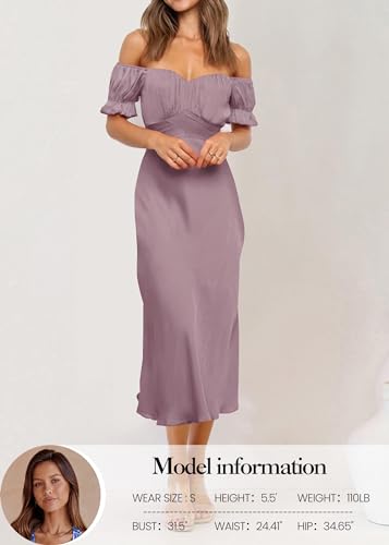 Image of KIRUNDO Women's Satin Summer Wedding Guest Cocktail Dress | 2026 Spring Fall Party Midi Dress, Silky, Elegant Off Shoulder Short Sleeve, Ruffle Mermaid Hem, Wrap Prom Formal Outfits