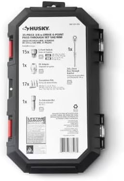 Back of the Husky 35-Piece Pass-Thru Ratchet and Socket Set case, detailing contents and features.