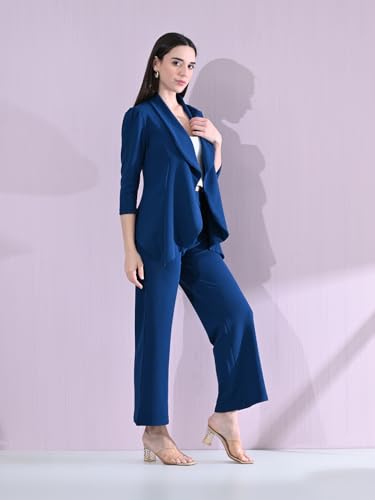 Image of Women's Solid Relaxed Fit 3 /4 Sleeve Cotton Blend Co-ord Blazer and Trouser Set