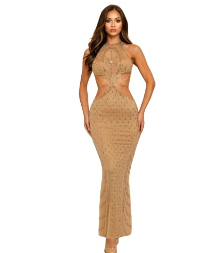 Image of PORRCEY Women's Sexy Rhinestone Mesh See Through Party Night Prom Dress