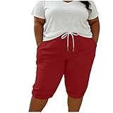 AKTCVVJ Womens Linen Capris Drawstring Elastic Waist Knee Length Shorts Casual Workout Summer Capri Pants with Pockets Red