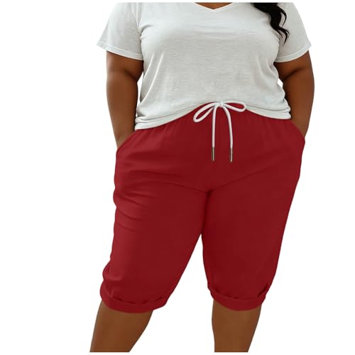 AKTCVVJ Womens Linen Capris Drawstring Elastic Waist Knee Length Shorts Casual Workout Summer Capri Pants with Pockets Red