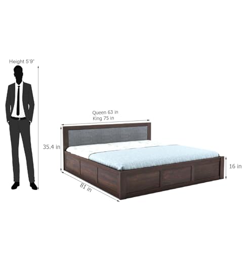 Image of Sheesham Wood King Size Bed with Storage for Bedroom Living Room Home Hotel Bed with Cushion Headboard Pannel Wooden Double Bed Cot Palang Furniture -1 Year Warranty (Walnut Finish)