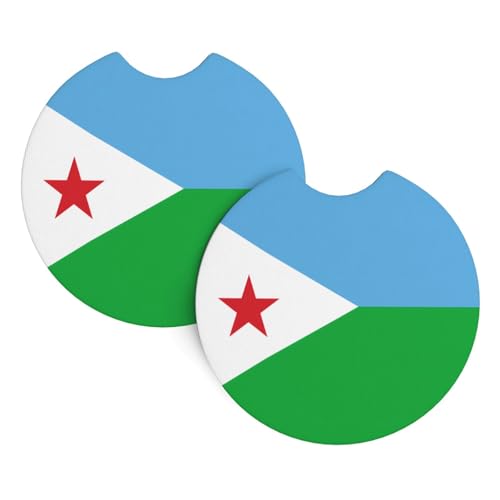 Lot de 2 sous-verres de voiture avec motif drapeau de Djibouti – 6,9 cm avec encoche de doigt, pour homme et femme