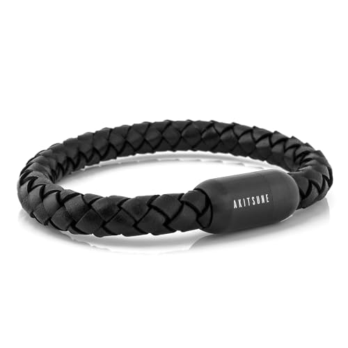 Akitsune Portus Segeltau Lederarmband | Magnetischer Kapselverschluss Armschmuck Damen Anker Herren Maritim - Mattschwarz - Schwarz 23cm