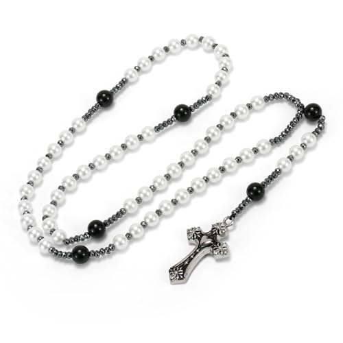 Pearl Rosary,Pearl Cross Necklace for Women,Artificial Pearl Necklace,Rosarios Catolicos,Long Cross Rosary Necklace