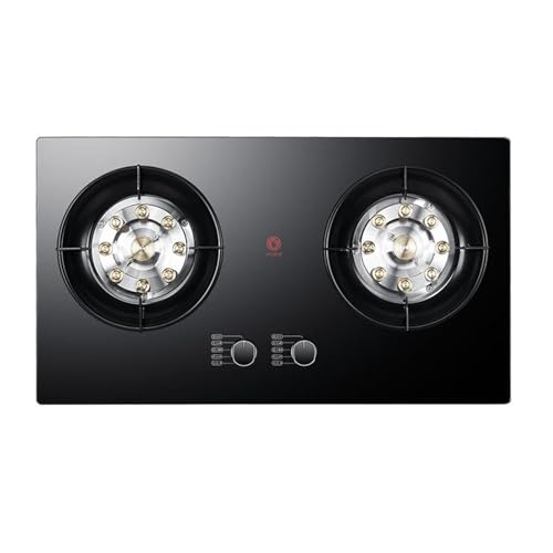 73cmガスコンロ2バーナー5.2KW、9キャビティファイヤーリング中華鍋ストーブヘッド、フレームアウト保護付きのブラック強化ガラスカウンタートップ、家庭用キッチンに最適(LPG)