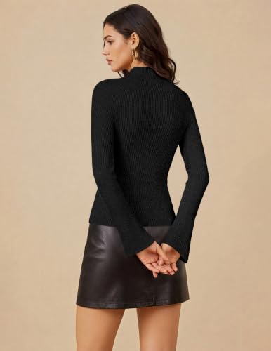 Women Mock Turtleneck Tops Ribbed Long Sleeve Shirts Trendy Fall T-Shirts | Mock Neck Tops, Bell Sleeve Fitted Shirt, Slim Work Office T Shirts, Business Casual Outfits, Basic Thermal Sweater - image 4