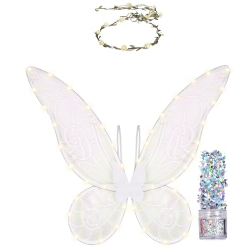 Funcredible White Light Up Fairy Wings, Crown & Glitter – Fairy Costume Accessories for Adults – Perfect for Halloween, Festivals, Concerts, Cosplay & Themed Events