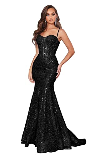 Mermaid Sequin Prom Dresses for Women Spaghetti Straps Sparkly Evening Formal Gown