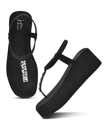 Image of JM LOOKS Soft Material Platform Wedge Sandals with Crystal T-Strap Detail and Secure Elastic Ankle Support