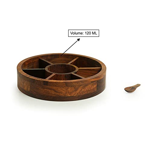 Image of ExclusiveLane 'The Dancing Peacock' Sheesham Wooden Spice Box for Kitchen with Spoon (7 Partitions, 120 ml Each) | Masala Container Spice Box Wooden Namak Dani for Kitchen Masala Box Wooden Dani