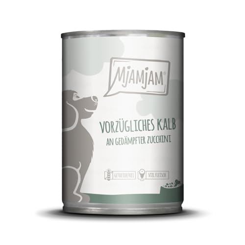 MjAMjAM - Premium Nassfutter für Hunde - vorzügliches Kalb an gedämpfter Zucchini, 6er Pack (1 x 400 g), getreidefrei mit extra viel Fleisch