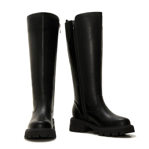 ZXHYZLZ Women's Wide Calf Knee High Platform Boots Leather Look Chunky Sole Tall Boots with Stretch Back Slip-On Comfortable Fall Winter Shoes3