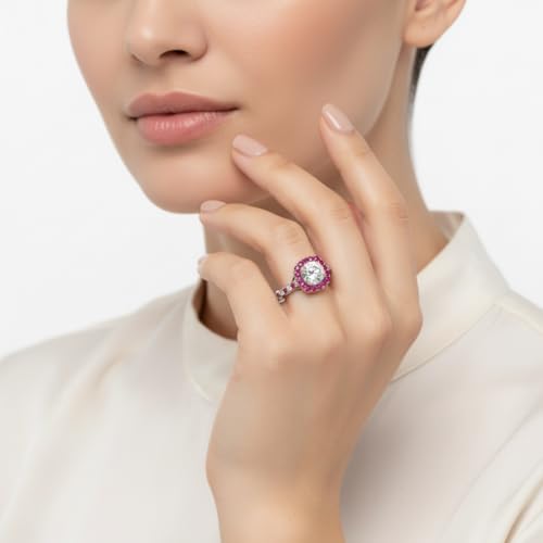 Image of Choose Your Gemstone Cathedral Halo Two Tone Engagement Ring 925 Sterling Silver Round Shape Halo Engagement Rings Lightweight Office Wear Everyday Gift Jewelry US Size 4 to 12