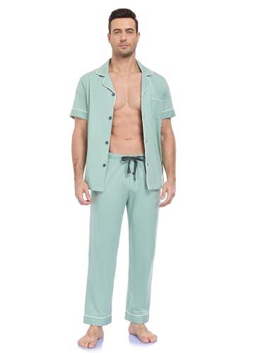 Image of COLORFULLEAF 100% Cotton Mens Pajamas Set Short Sleeve Loungewear with Long Pants Button Down Sleepwear Soft Comfy Pj for Men