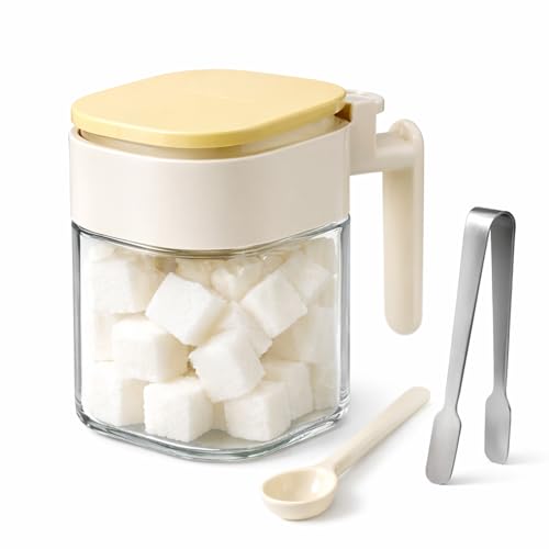 PPDVUUT Sugar Cube Container with Tongs 400ml Airtight Sugar Bowl with One-Touch Lid & Spoon Storage Hygienic Utensil Compartment Jar for Coffee Bar Sugar Cubes or Powder (1 Beige)
