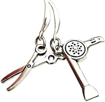 Silver Beautician Earrings, Hairdresser Earrings, Blow Dryer Earrings, Scissors Earrings, Gift for Hair Stylist, for Women