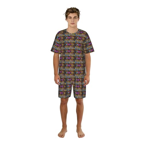 Pyjama homme manches courtes motif tête de mort rose vêtement de nuit short ensemble été