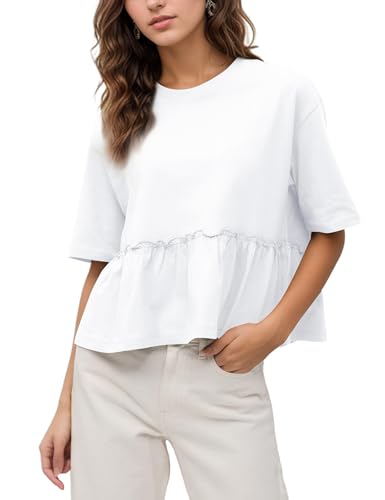Lenader Women Summer Short Sleeve T-Shirts Oversized Dressy Casual Work Blouses Cropped Cute Ruffle Babydoll Peplum Tops White