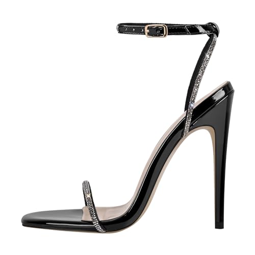 blingqueen Damen Stiletto Sandaletten Strass High Heels Sandalen Slingback Schnalle Schwarz 38 EU