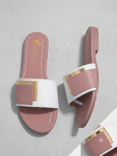 Image of Women's Slide Sandals with Square Gold Buckle, White & Grey