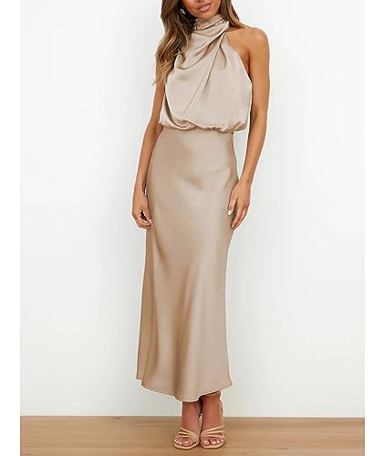 Image of Sexyshine Women's Elegant Halter Tie Neck Sleeveless Satin Long Dress Backless Split Cocktail Party Formal Wedding Maxi Dress