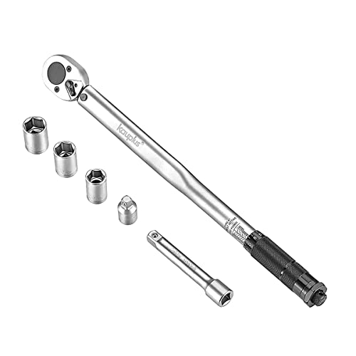 Kauplus 6Pcs 1/2-Inch Drive Click Torque Wrench Set, 24Tooth, (10-150 Ft.-Lb. / 13.6-203.5 Nm), Adjustable Torque Wrench Set W/ 17-19-21M Socket, 5” Extension Bar And 3/8” Adapter #TOP20