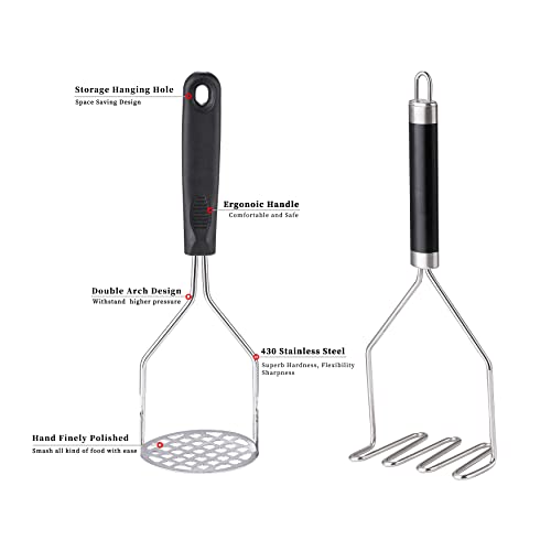 2PCS Potato Masher, OLULU Heavy Duty Stainless Steel Mashed Potatoes Masher, Masher Kitchen Tool for Avocado, Potatoes, Beans, Meat, Vegetables, 10.24inch, Dishwasher Safe