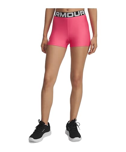 Under Armour Donna HeatGear Shorty, Pantaloni Corti Allenamento Super Leggeri e Traspiranti, Shorts Sportivi da Palestra con Elastico in Vita a Vista e Dettaglio con Logo,Super Pink/White,XS