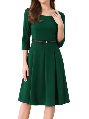 Image of Allegra K Work Dress for Women's Square Neck 3 /4 Sleeve Belted Wedding Guest Church Pleated Midi Dresses