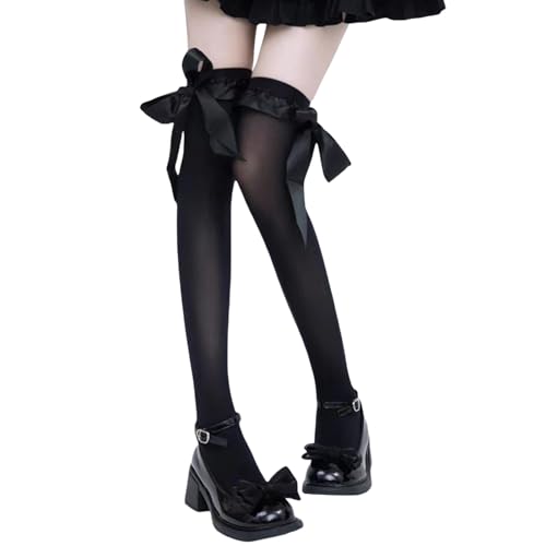 Women Thigh High Boot Socks Satin Ribbon Bow Trim Over Knee Long Stockings Lolita High Socks Frilly Cuffs